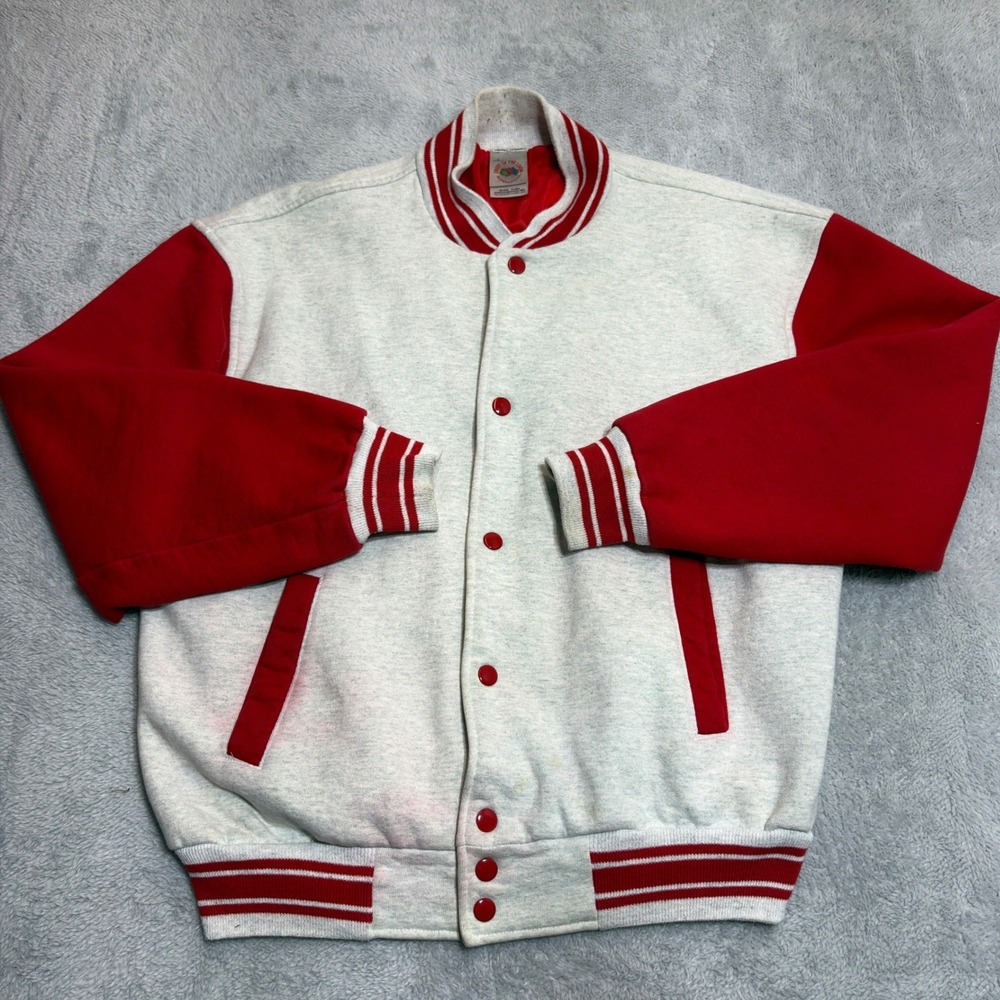 Fruit of the Loom Varsity Jacket Mens Large Red Supercotton Snap Letterman 80s